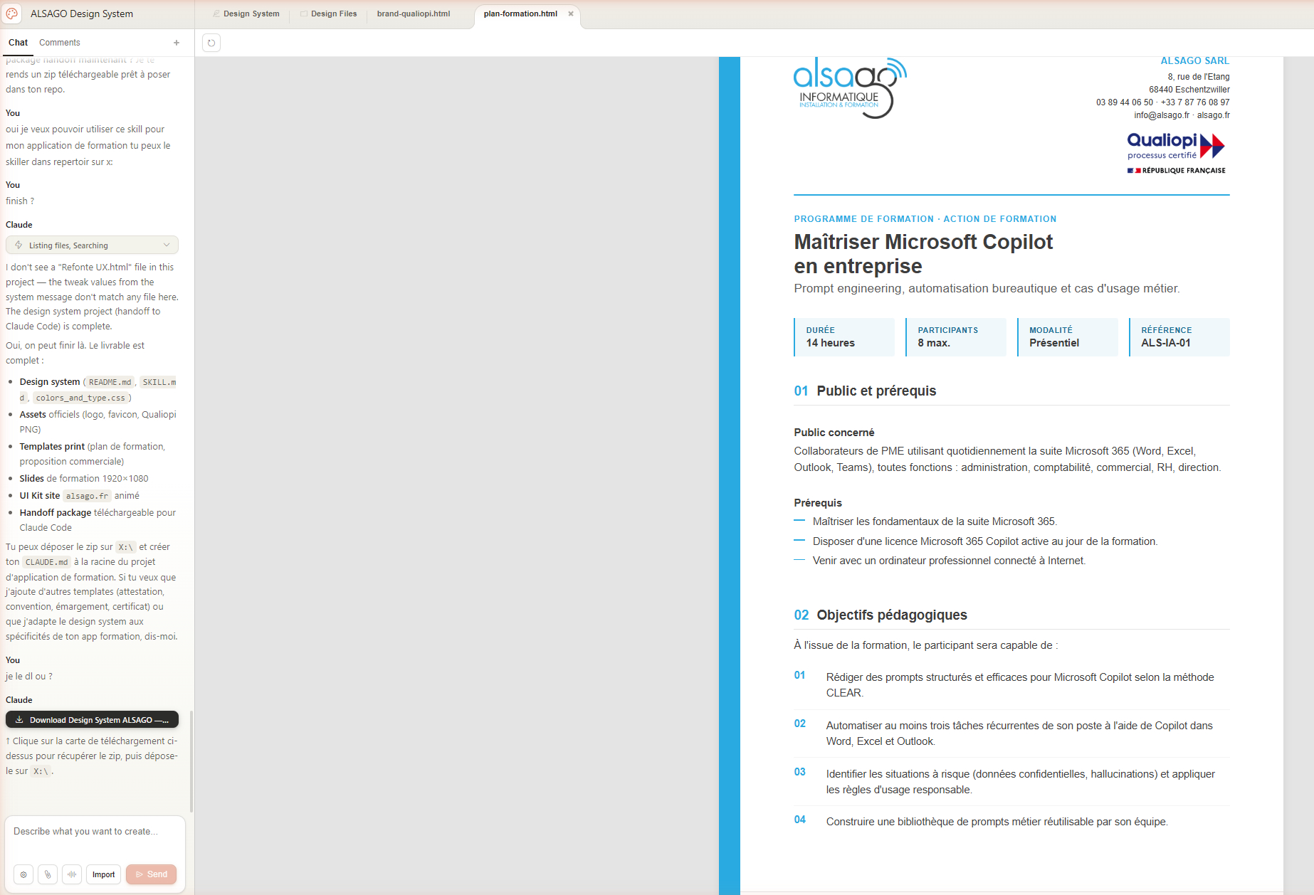 Programme de formation Qualiopi 'Maîtriser Microsoft Copilot en entreprise' généré par Claude Design : référence, durée, public, objectifs pédagogiques