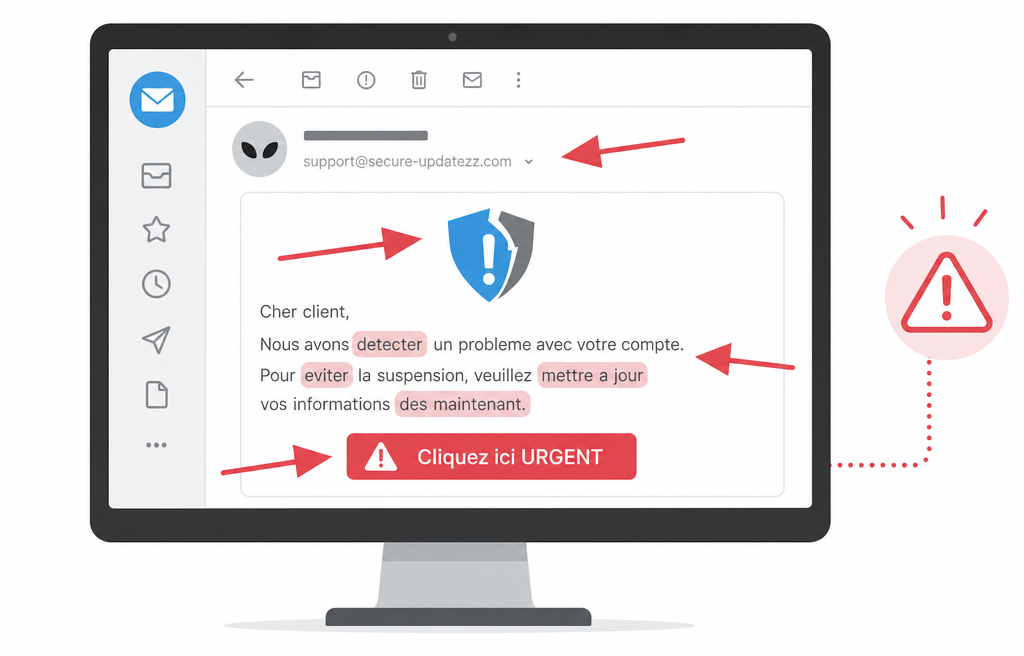 Exercice de détection de phishing : les indices d'un e-mail frauduleux signalés par des flèches
